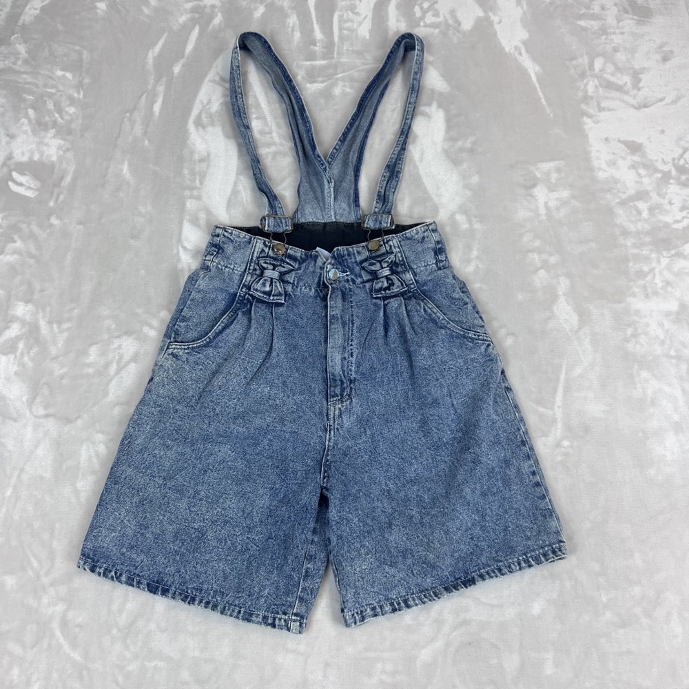 Vintage Acid Wash Denim Suspender Shorts Womens 9/10 High Rise Paperbag Retro